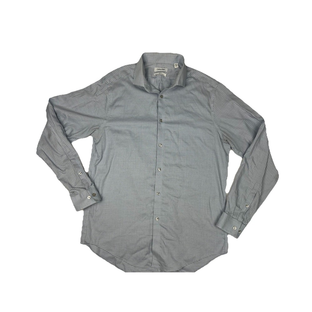 Calvin Klein Slim Fit Performance Non-Iron Blue Check Dress Shirt 16 34/35
